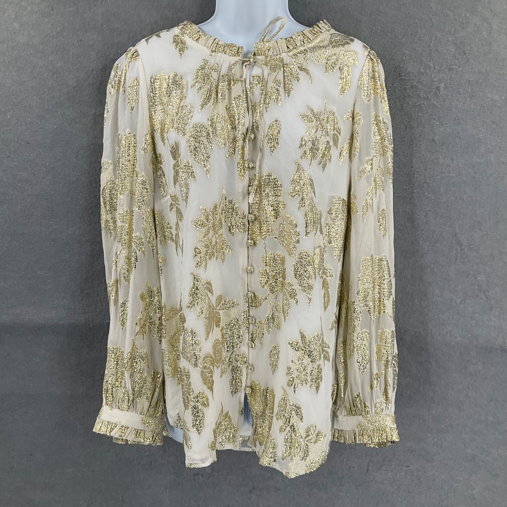 TALBOTS Womens Gold Floral Sheer Blouse Long Sleeve Tie Neck XL‎ Party Holiday